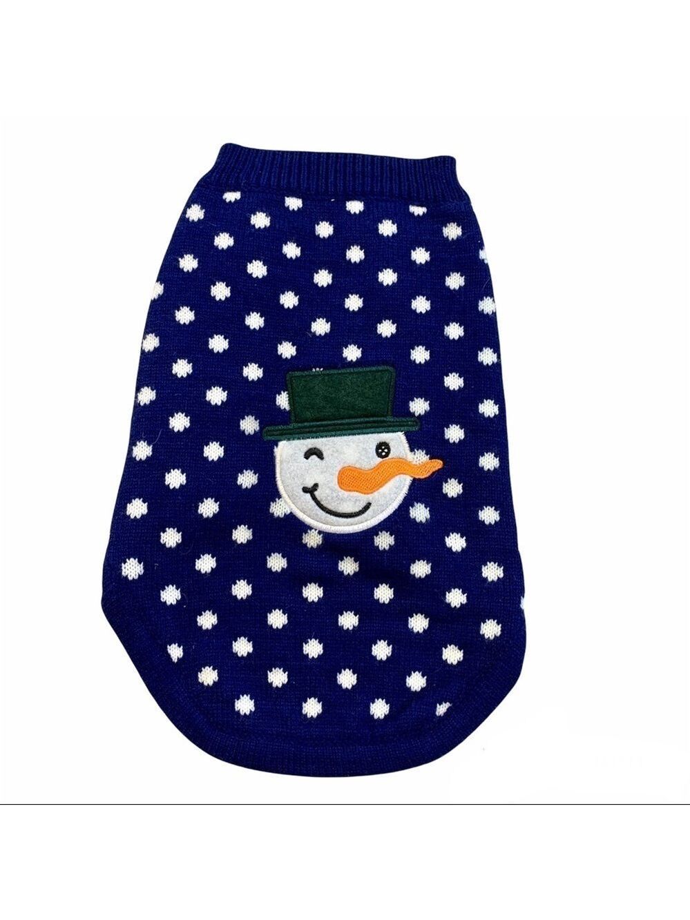SMALL breed dog blue white polkadot Christmas holiday snowman knit sweater
